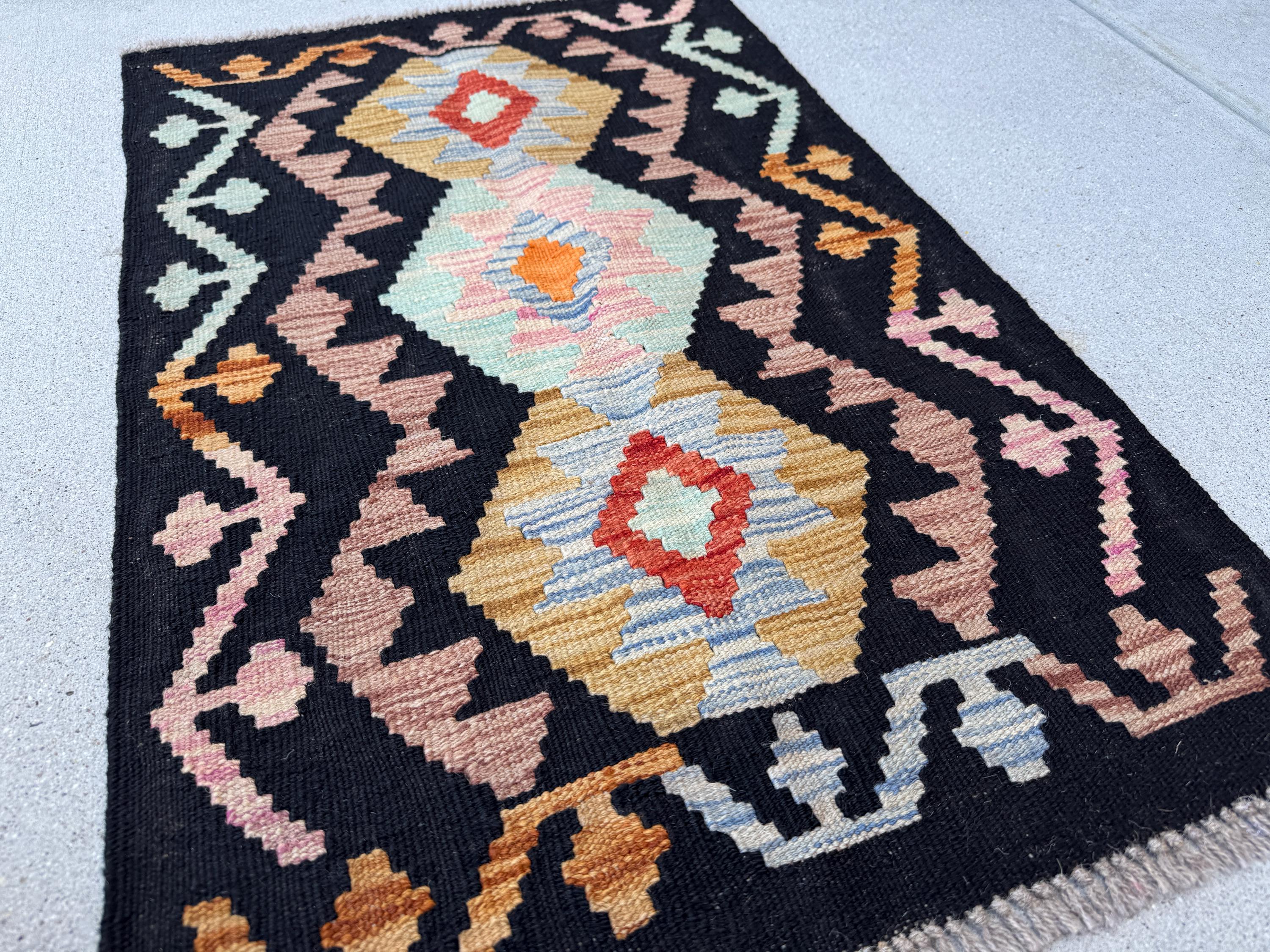 2x3 Handmade Afghan Kilim Rug | Black Chocolate Golden Brown Tan Denim Sky Aqua Blue Burnt Orange Pink | Wool Flatwoven
