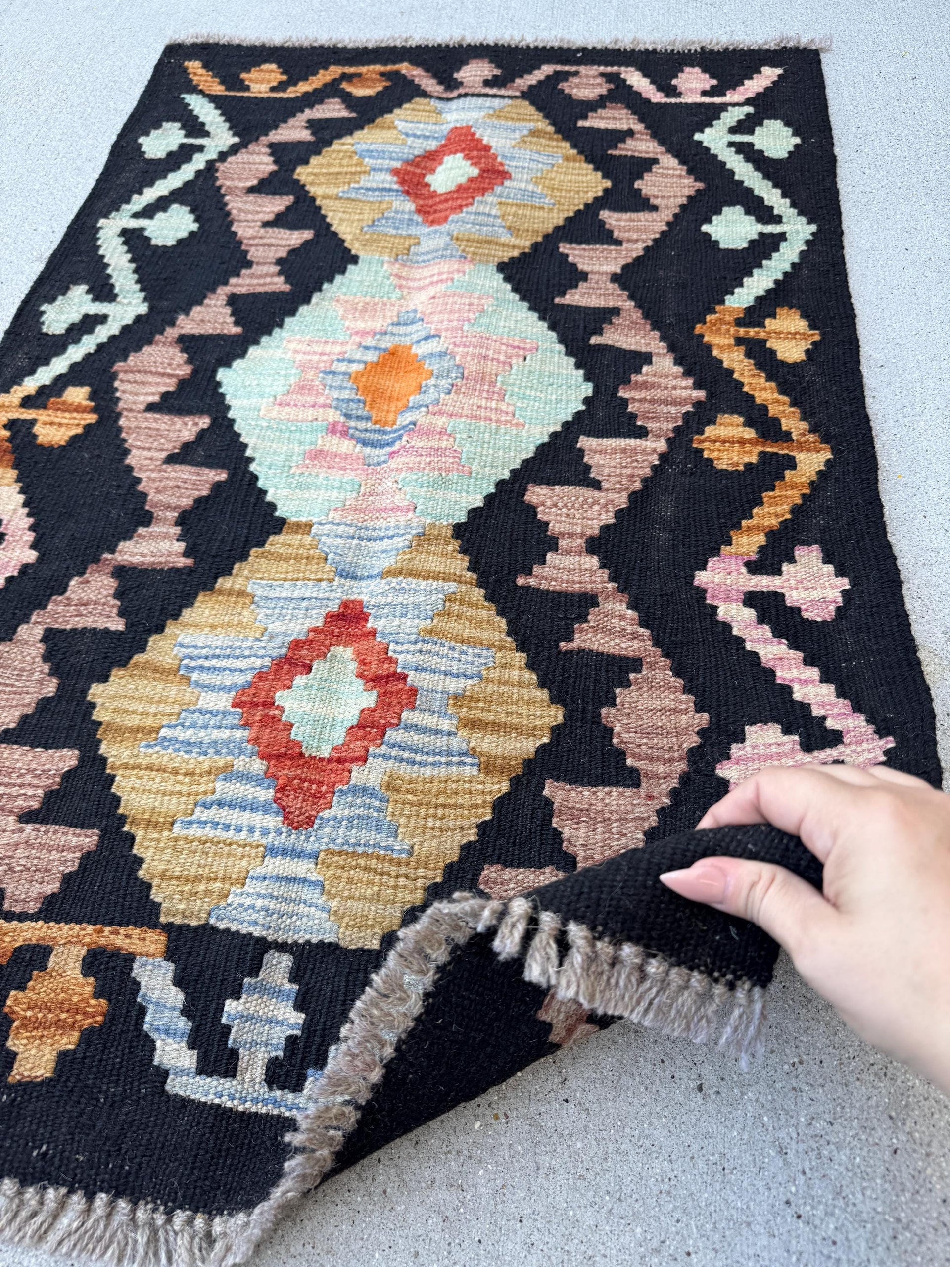 2x3 Handmade Afghan Kilim Rug | Black Chocolate Golden Brown Tan Denim Sky Aqua Blue Burnt Orange Pink | Wool Flatwoven
