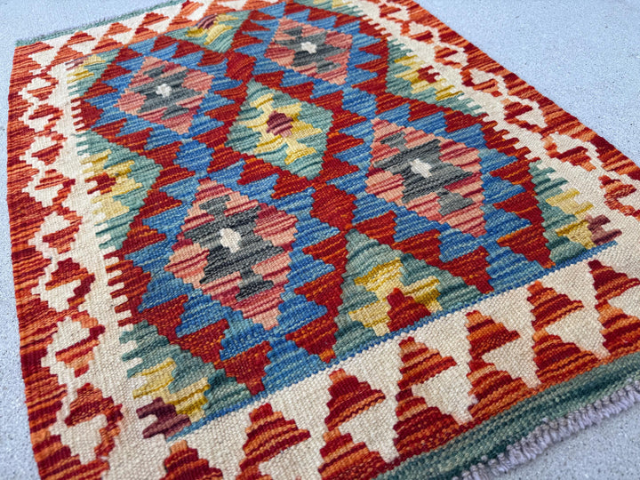2x3 Handmade Afghan Kilim Rug | Blood Brick Red Mustard Yellow Indigo Teal Charcoal Grey Cream White Beige Chocolate Brown | Wool Flatwoven