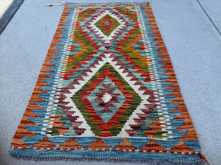 2x3 (61x91) Handmade Afghan Kilim Rug | Burnt Orange Aqua Sky Denim Blue Cream Forest Moss Green Maroon Burgundy Red White | Wool Flatweave