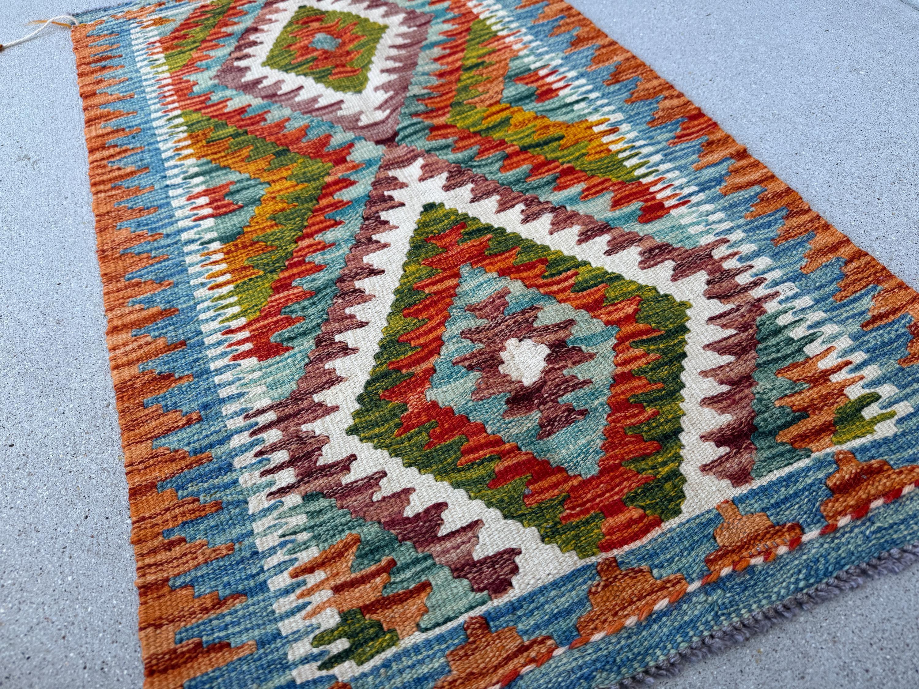 2x3 (61x91) Handmade Afghan Kilim Rug | Burnt Orange Aqua Sky Denim Blue Cream Forest Moss Green Maroon Burgundy Red White | Wool Flatweave