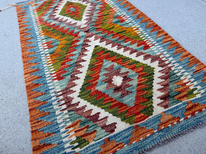 2x3 (61x91) Handmade Afghan Kilim Rug | Burnt Orange Aqua Sky Denim Blue Cream Forest Moss Green Maroon Burgundy Red White | Wool Flatweave