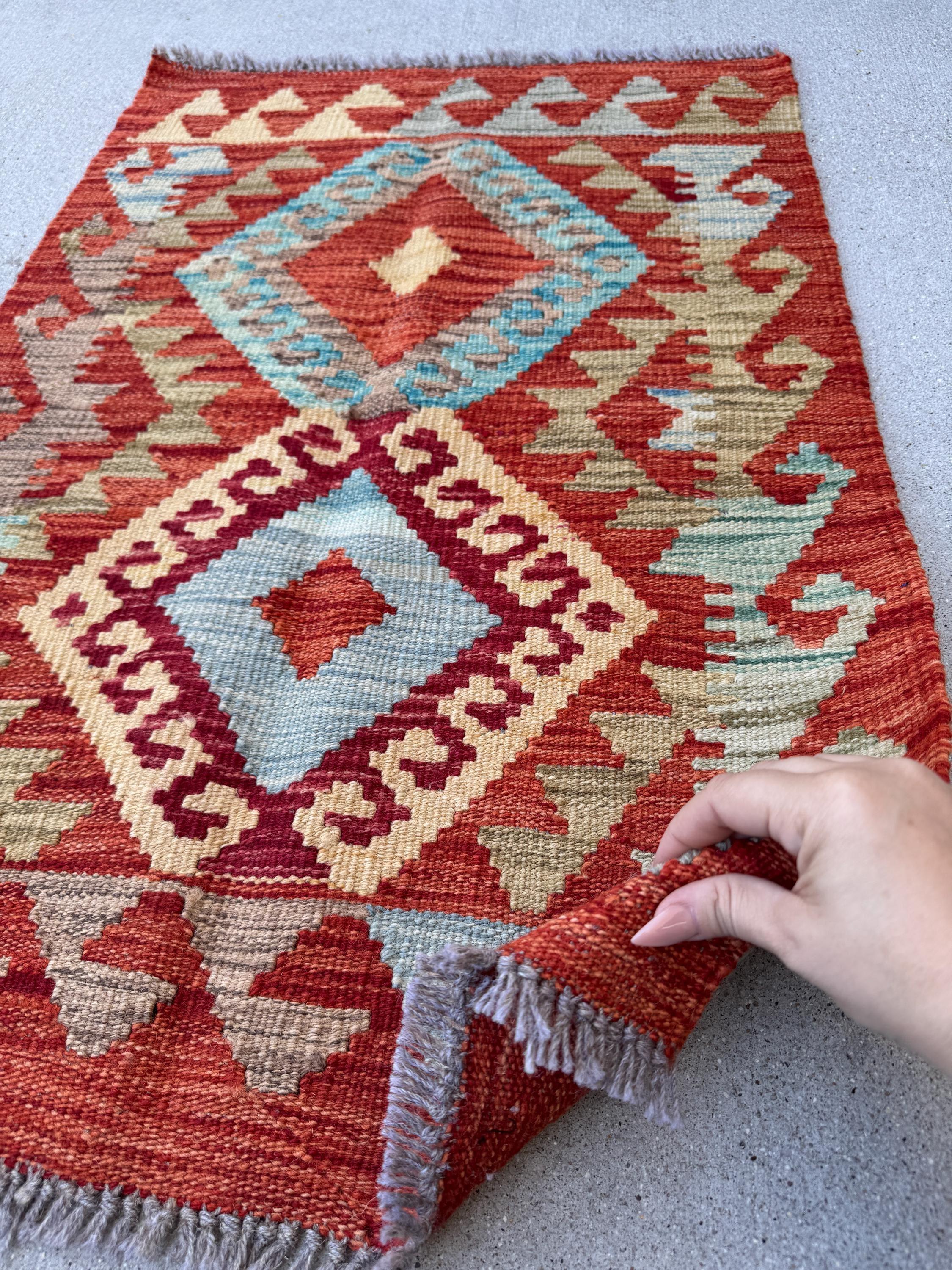 2x3 (61x91) Handmade Afghan Kilim Rug | Burnt Peach Saffron Orange Olive Green Yellow Denim Sky Baby Blue Blood Crimson Red Beige Tan | Wool