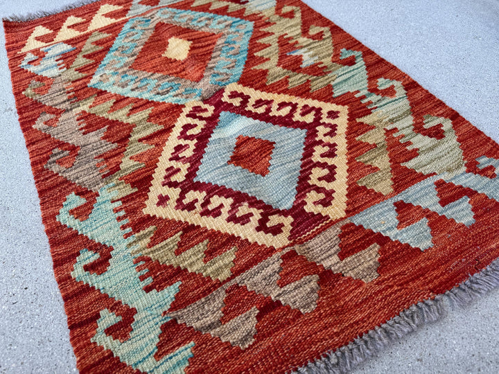 2x3 (61x91) Handmade Afghan Kilim Rug | Burnt Peach Saffron Orange Olive Green Yellow Denim Sky Baby Blue Blood Crimson Red Beige Tan | Wool
