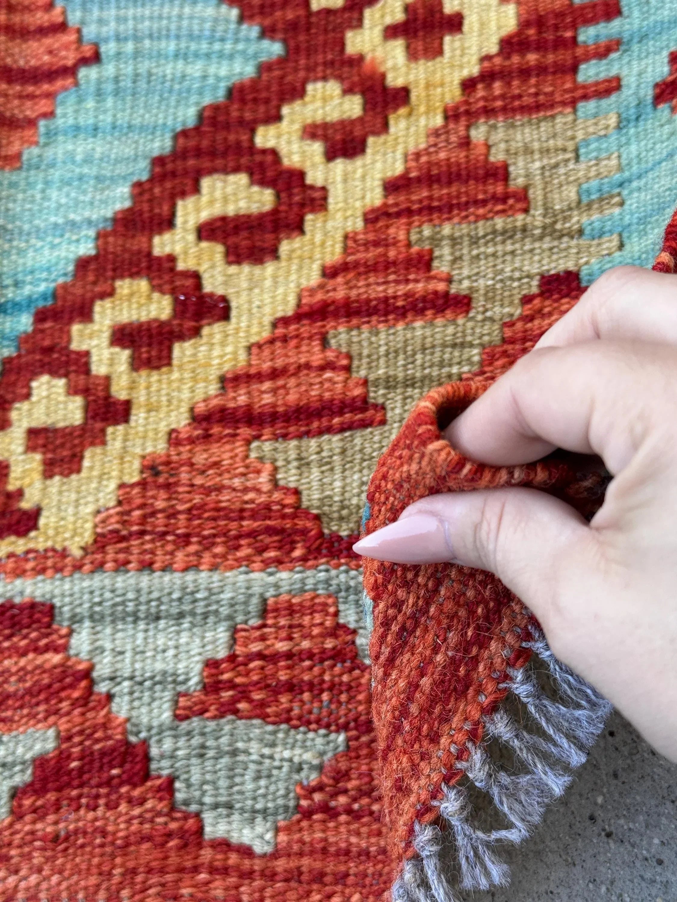 2x3 (61x91) Handmade Afghan Kilim Rug | Burnt Peach Orange Yellow Saffron Denim Baby Aqua Blue Grey Beige Teal Blood Scarlet Red | Wool