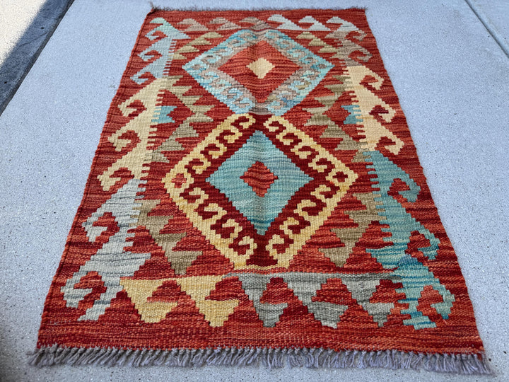 2x3 (61x91) Handmade Afghan Kilim Rug | Burnt Peach Orange Yellow Saffron Denim Baby Aqua Blue Grey Beige Teal Blood Scarlet Red | Wool