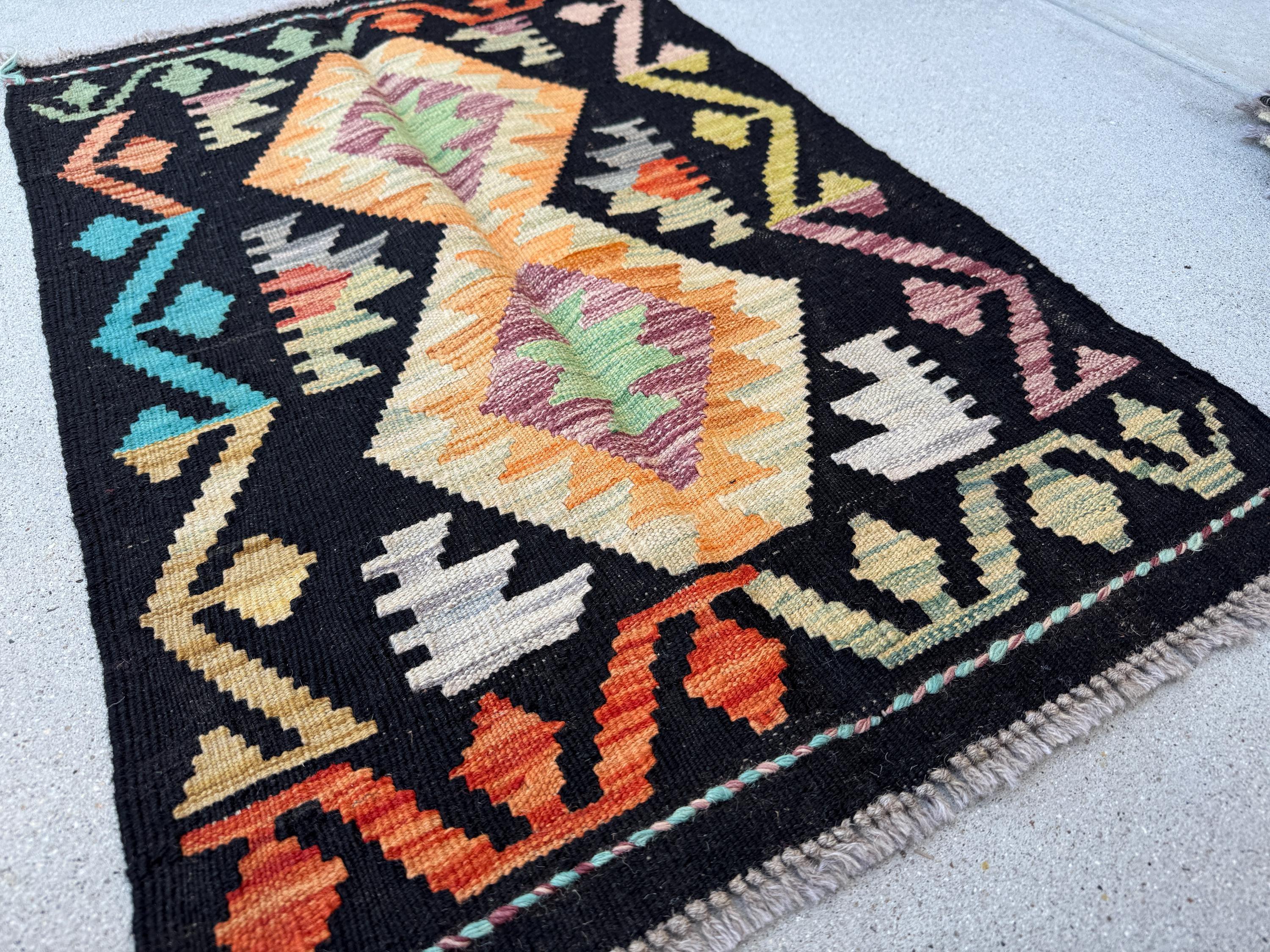 2x3 (61x91) Handmade Afghan Kilim Rug | Black Burnt Peach Saffron Orange Sage Light Green Maroon Burgundy Powder Denim Blue Purple | Wool