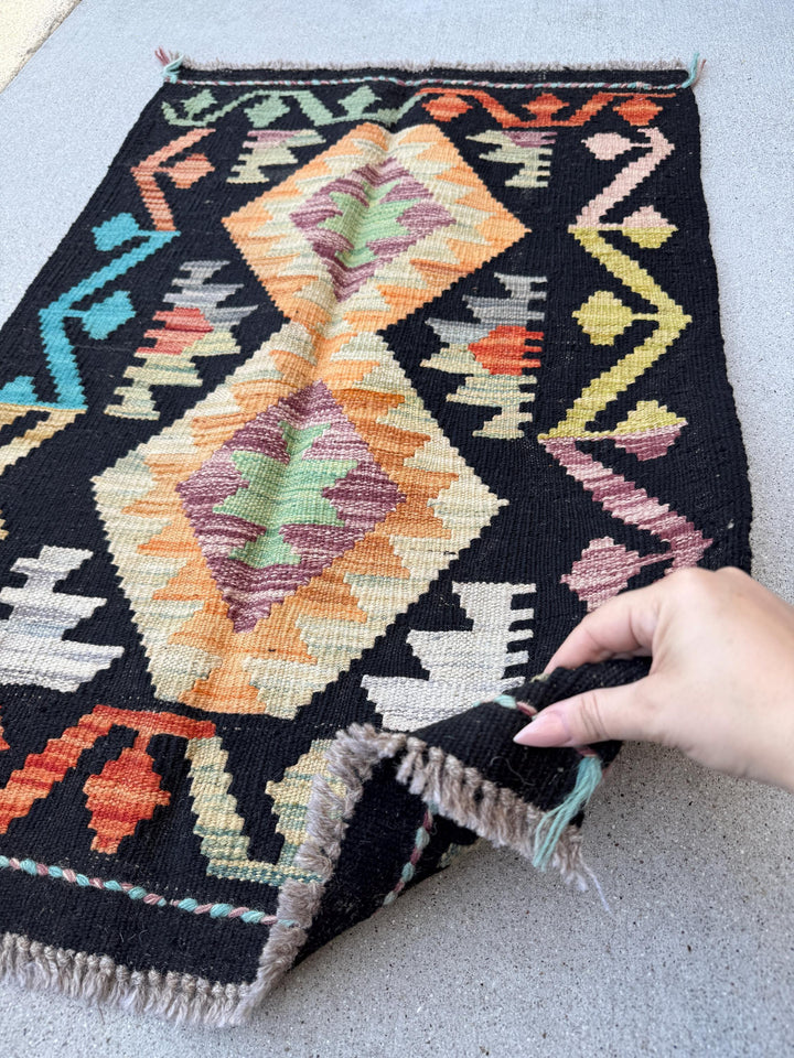 2x3 (61x91) Handmade Afghan Kilim Rug | Black Burnt Peach Saffron Orange Sage Light Green Maroon Burgundy Powder Denim Blue Purple | Wool