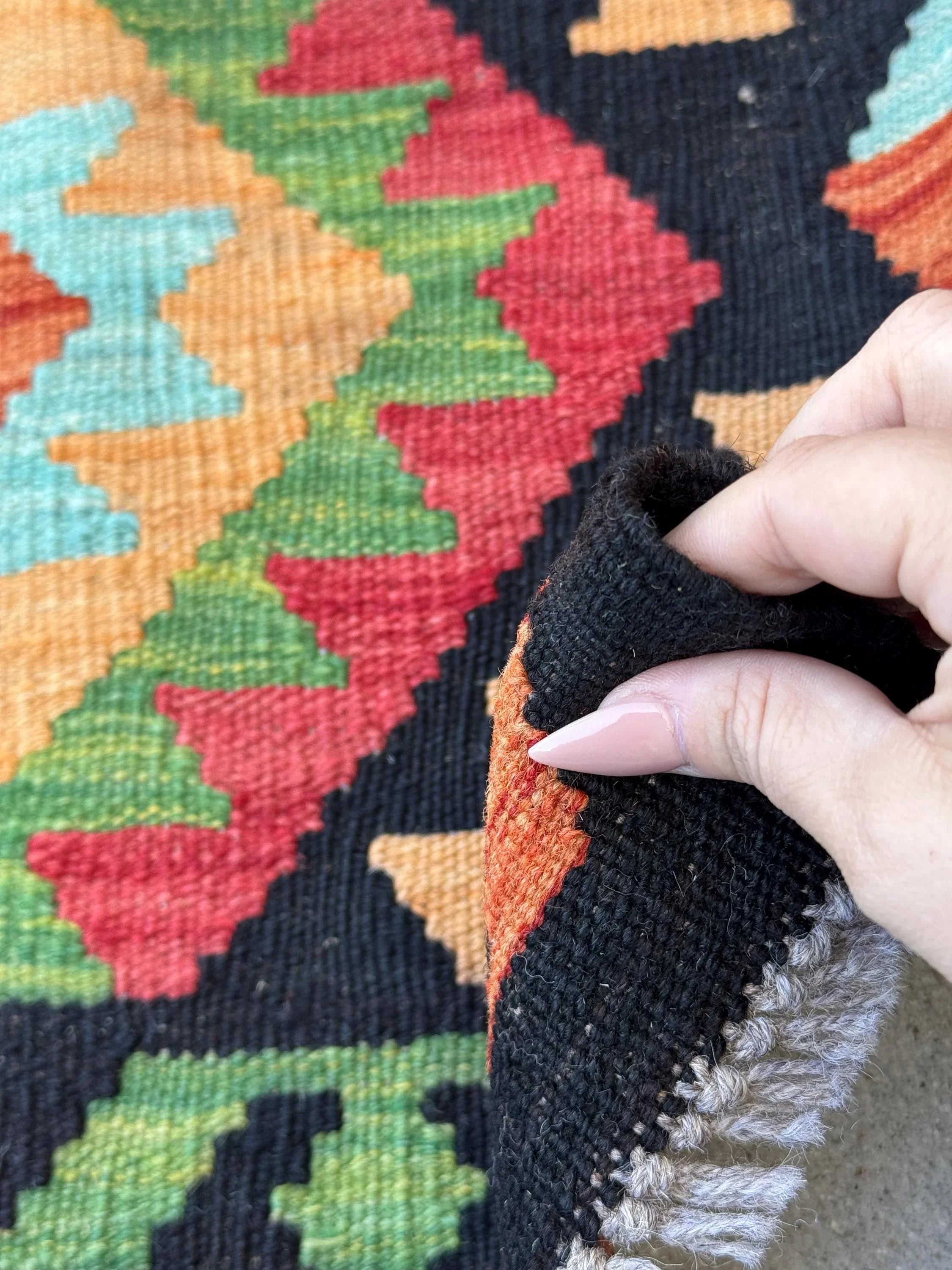 2x3 (61x91) Handmade Afghan Kilim Rug | Black Baby Sky Powder Blue Forest Moss Green Peach Saffron Burnt Orange Crimson Rose Red | Wool