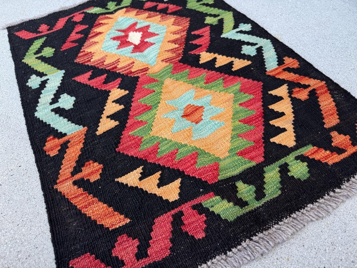 2x3 (61x91) Handmade Afghan Kilim Rug | Black Baby Sky Powder Blue Forest Moss Green Peach Saffron Burnt Orange Crimson Rose Red | Wool