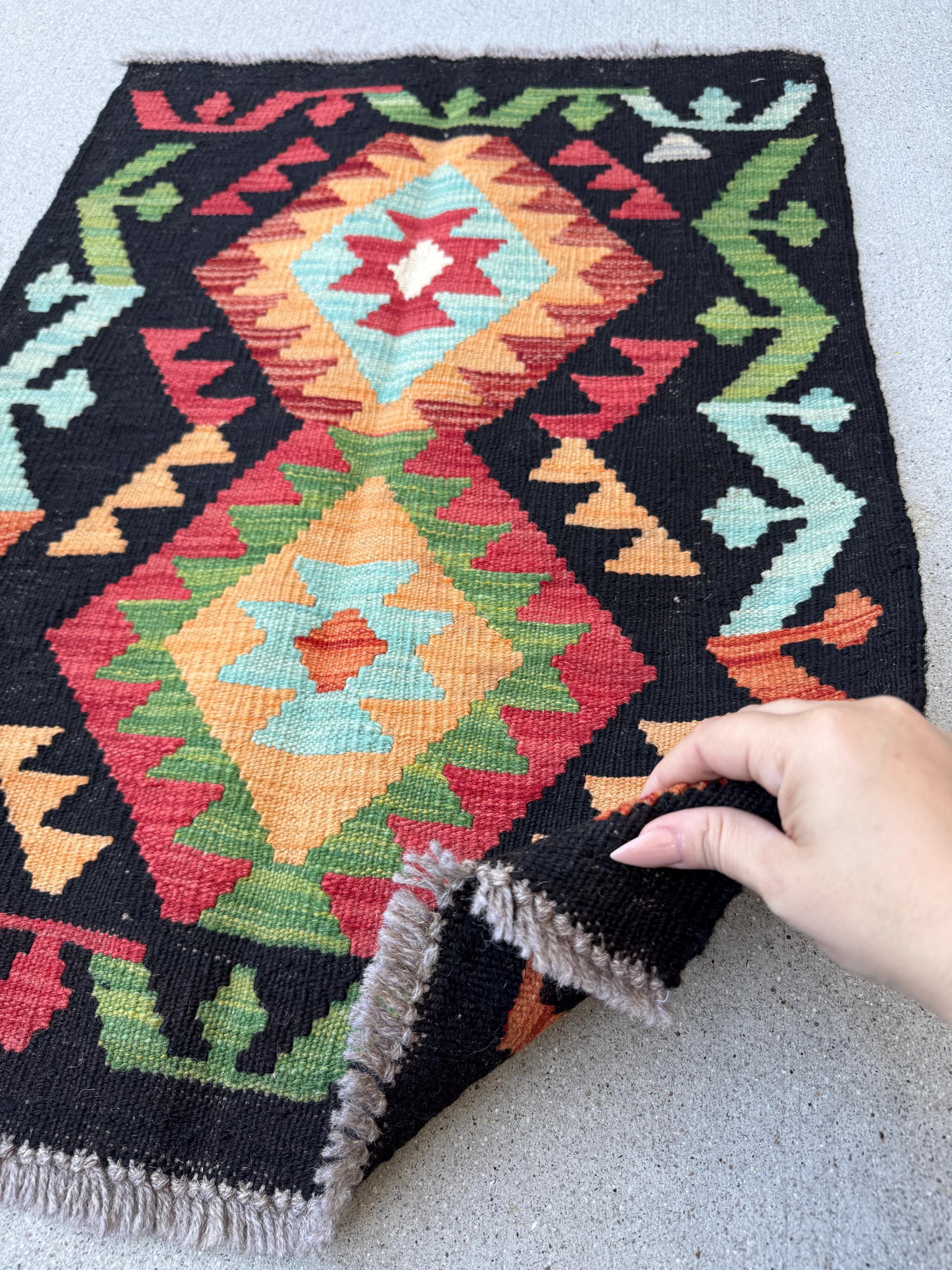 2x3 (61x91) Handmade Afghan Kilim Rug | Black Baby Sky Powder Blue Forest Moss Green Peach Saffron Burnt Orange Crimson Rose Red | Wool