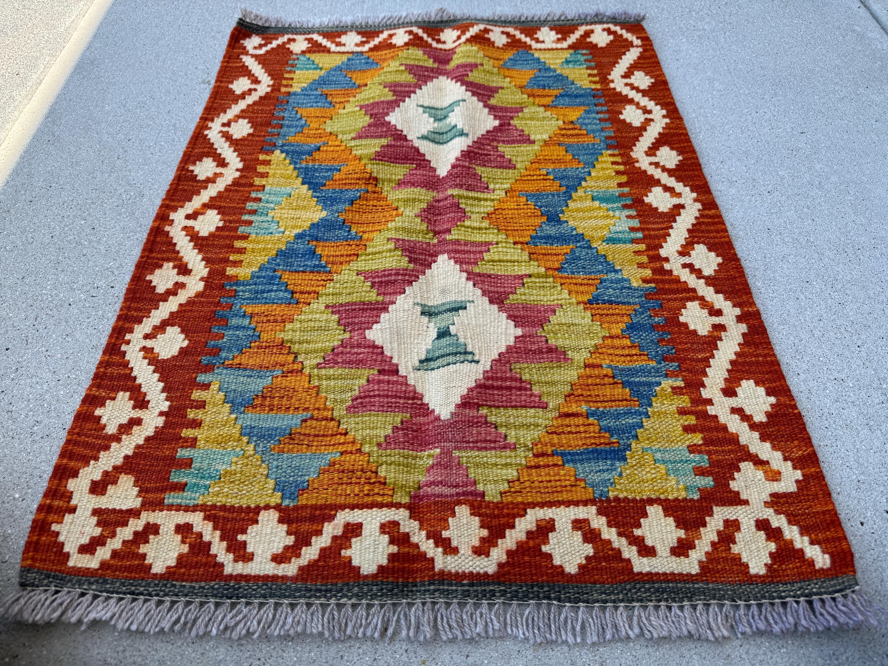 2x3 Handmade Afghan Kilim Rug | Blood Crimson Rose Red Pink Olive Green Burnt Orange Mustard Yellow Cream Aqua Denim Baby Blue | Wool