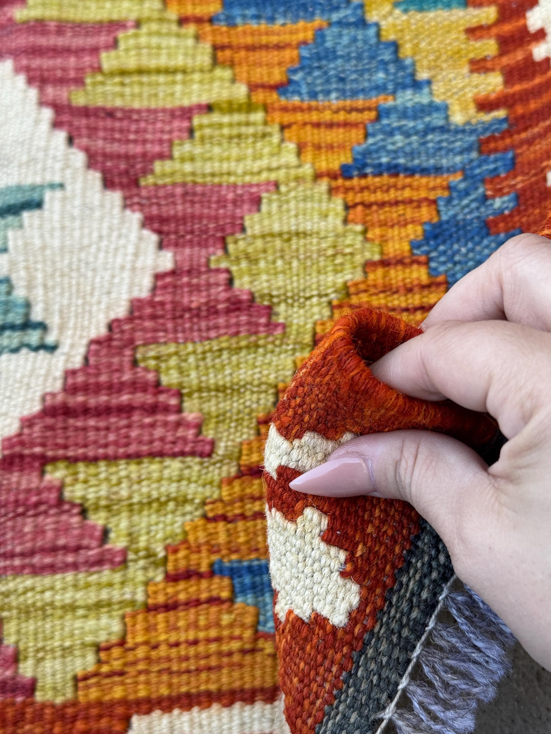 2x3 Handmade Afghan Kilim Rug | Blood Crimson Rose Red Pink Olive Green Burnt Orange Mustard Yellow Cream Aqua Denim Baby Blue | Wool