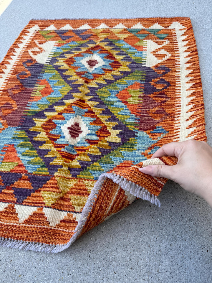 2x3 Handmade Afghan Kilim Rug | Burnt Orange Olive Moss Forest Green Yellow Gold Grey Cream Purple Denim Blue Burgundy Maroon | Wool