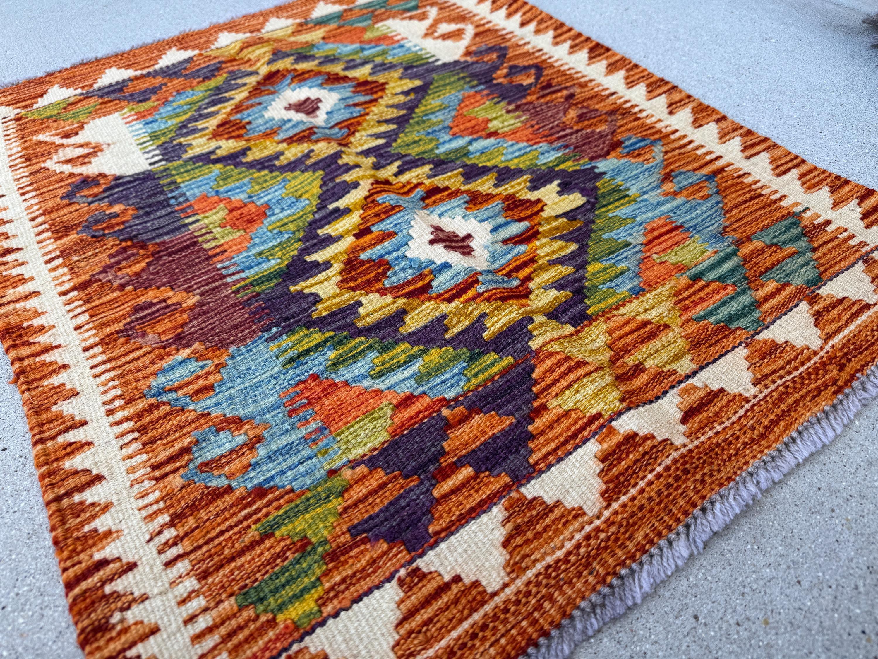 2x3 Handmade Afghan Kilim Rug | Burnt Orange Olive Moss Forest Green Yellow Gold Grey Cream Purple Denim Blue Burgundy Maroon | Wool