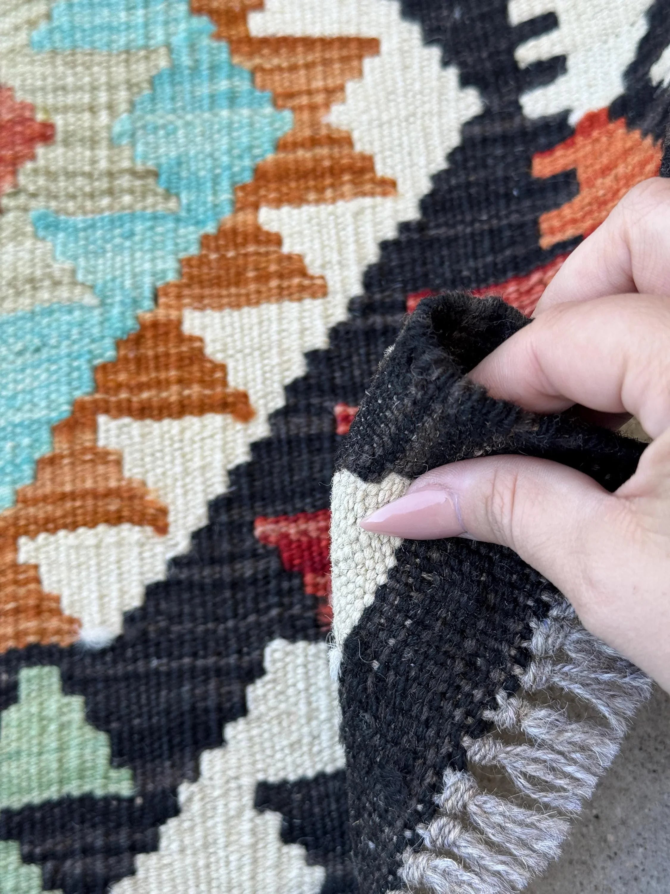 2x3 (61x91) Handmade Afghan Kilim Rug | Black Terracotta Rust Orange Crimson Red Aqua Sky Blue Cream White Mint Olive Green | Wool Flatwoven