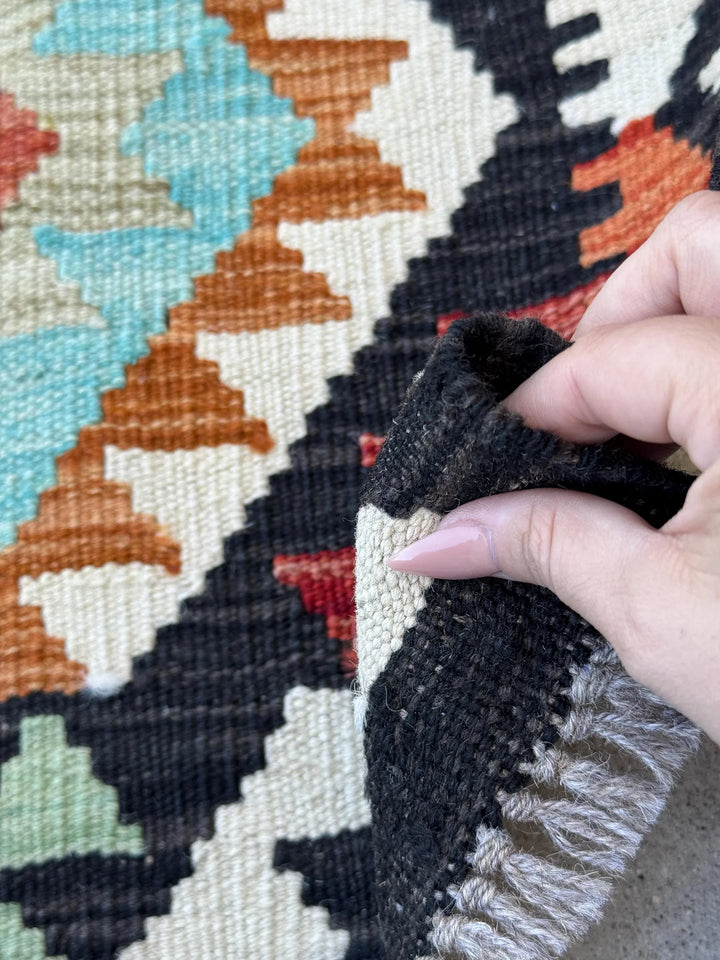 2x3 (61x91) Handmade Afghan Kilim Rug | Black Terracotta Rust Orange Crimson Red Aqua Sky Blue Cream White Mint Olive Green | Wool Flatwoven