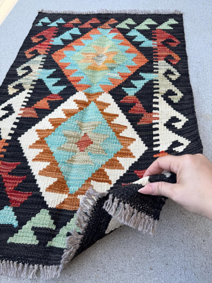 2x3 (61x91) Handmade Afghan Kilim Rug | Black Terracotta Rust Orange Crimson Red Aqua Sky Blue Cream White Mint Olive Green | Wool Flatwoven