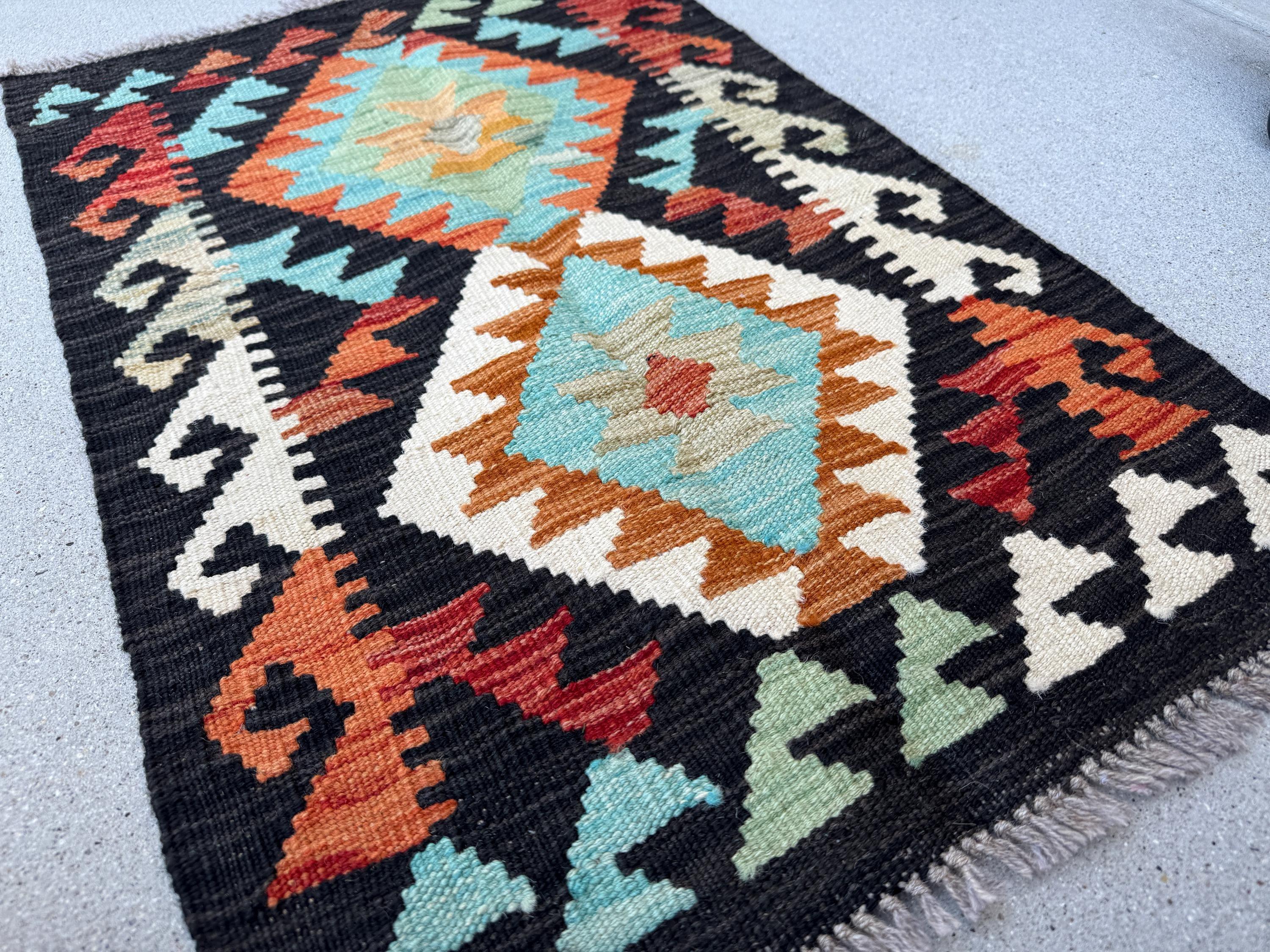 2x3 (61x91) Handmade Afghan Kilim Rug | Black Terracotta Rust Orange Crimson Red Aqua Sky Blue Cream White Mint Olive Green | Wool Flatwoven