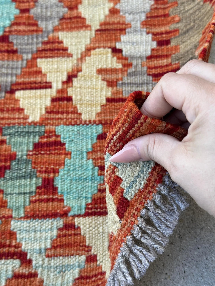 2x3 (61x91) Handmade Afghan Kilim Rug | Burnt Rust Peach Orange Saffron Light Yellow Aqua Teal Baby Powder Blue Grey Red Forest Green | Wool