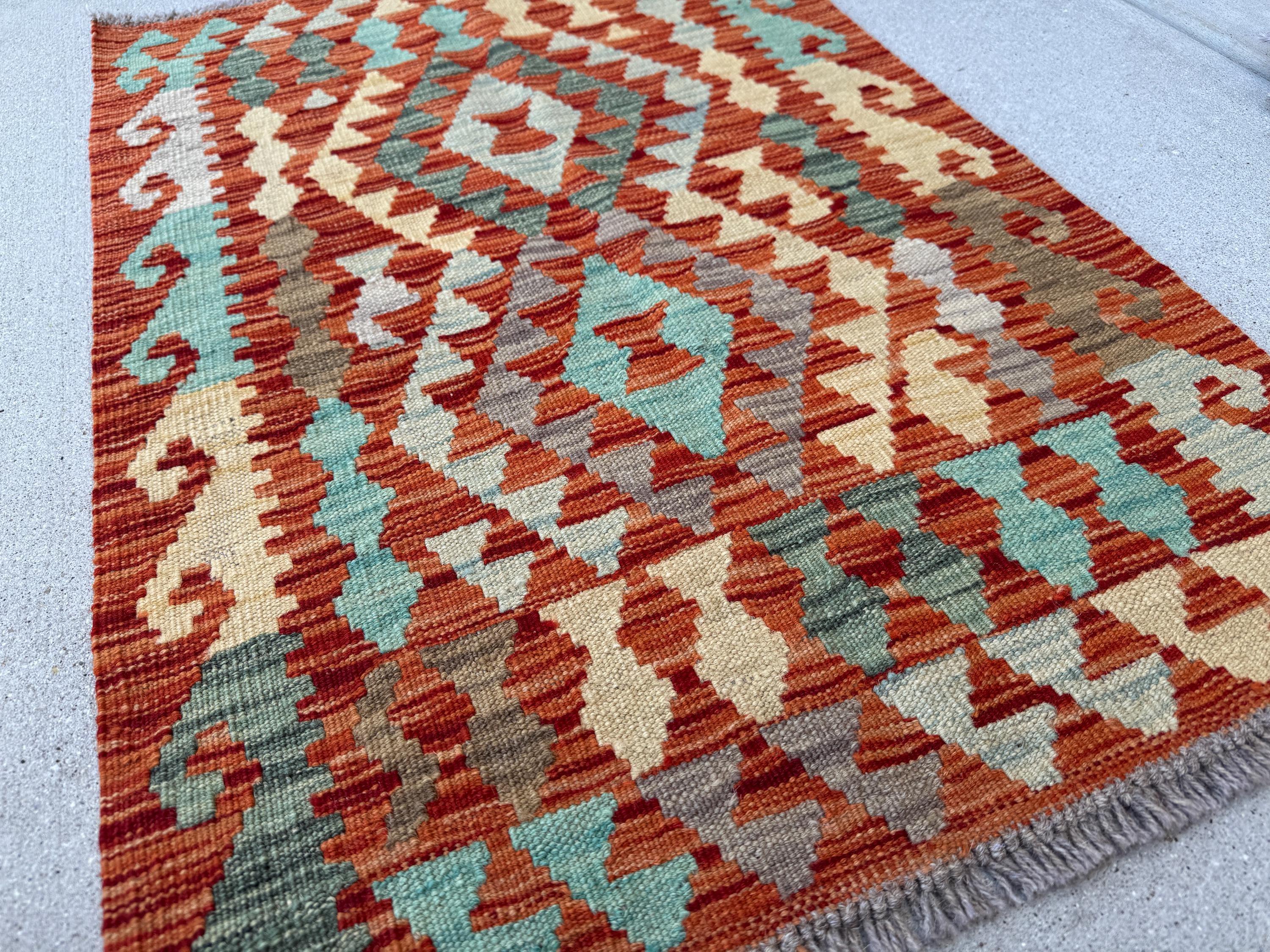 2x3 (61x91) Handmade Afghan Kilim Rug | Burnt Rust Peach Orange Saffron Light Yellow Aqua Teal Baby Powder Blue Grey Red Forest Green | Wool