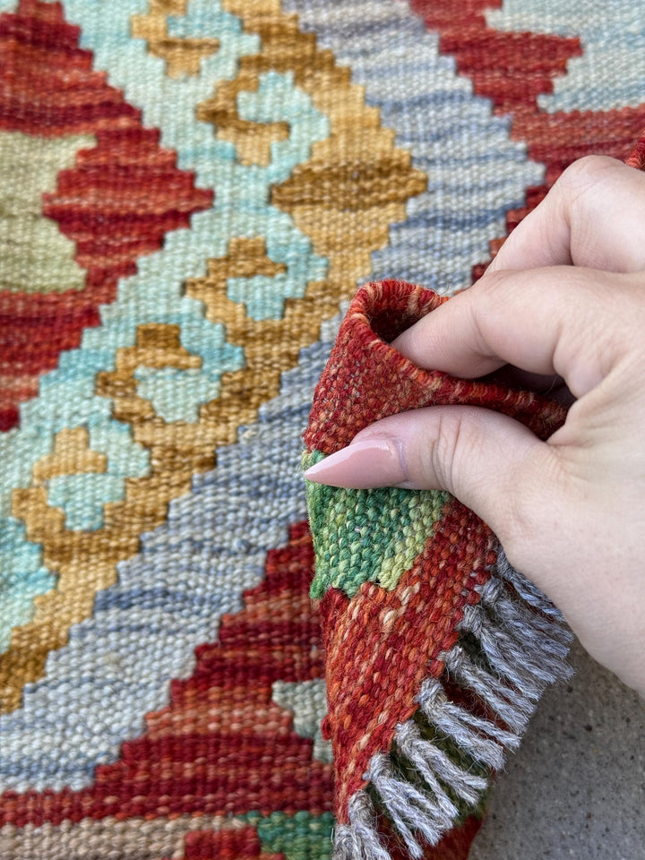 2x3 Handmade Afghan Kilim Rug | Blood Crimson Red Aqua Powder Baby Blue Grey Saffron Yellow Gold Cream Taupe Chocolate Brown Forest Green