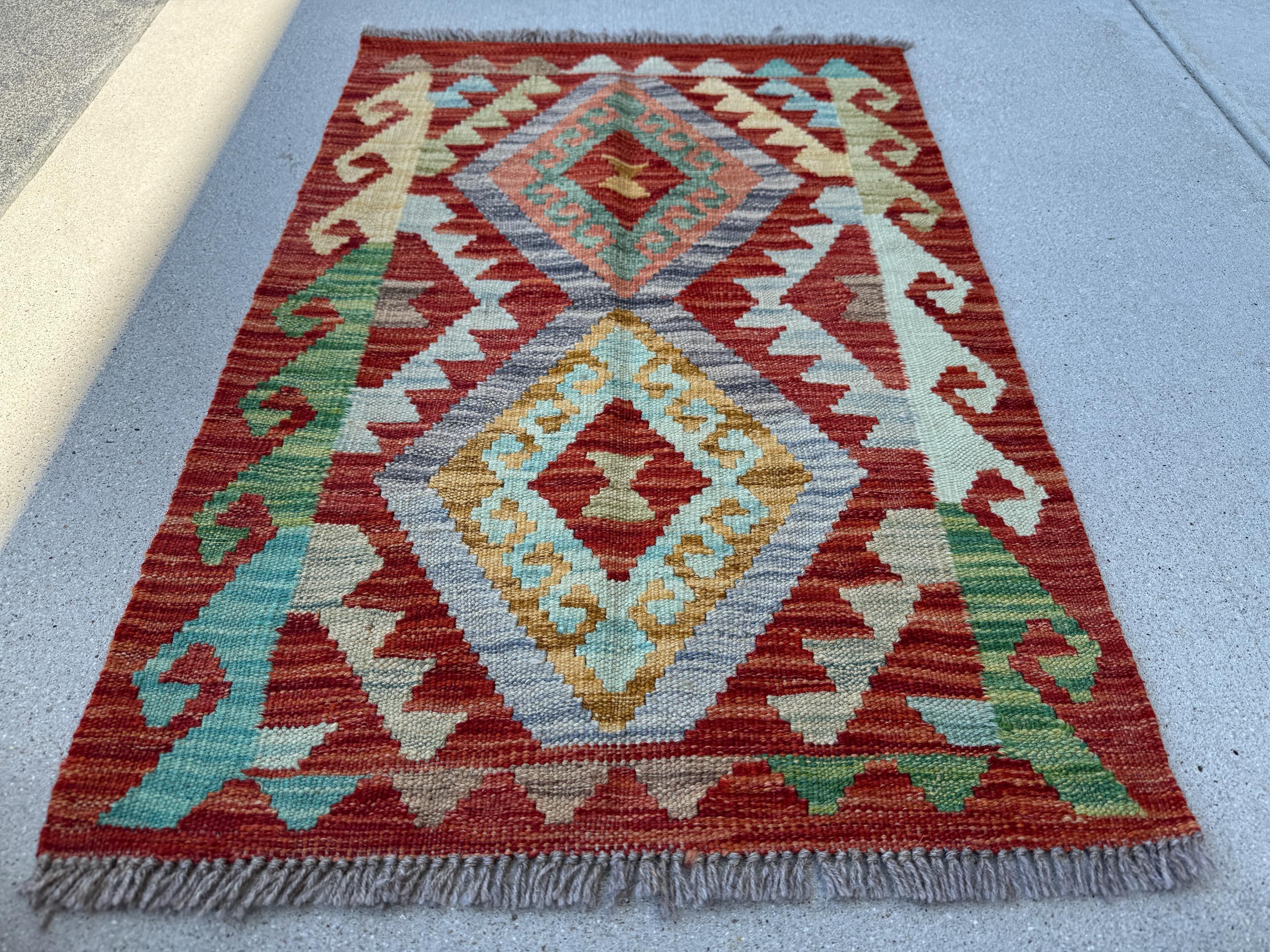 2x3 Handmade Afghan Kilim Rug | Blood Crimson Red Aqua Powder Baby Blue Grey Saffron Yellow Gold Cream Taupe Chocolate Brown Forest Green