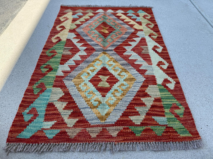 2x3 Handmade Afghan Kilim Rug | Blood Crimson Red Aqua Powder Baby Blue Grey Saffron Yellow Gold Cream Taupe Chocolate Brown Forest Green