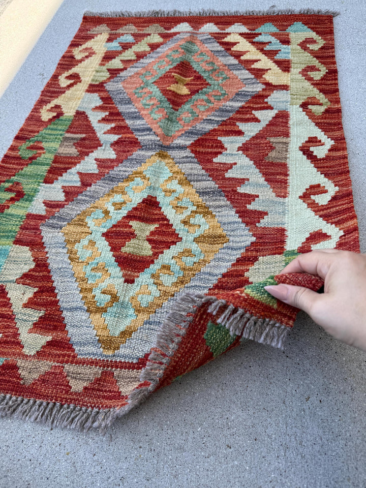 2x3 Handmade Afghan Kilim Rug | Blood Crimson Red Aqua Powder Baby Blue Grey Saffron Yellow Gold Cream Taupe Chocolate Brown Forest Green