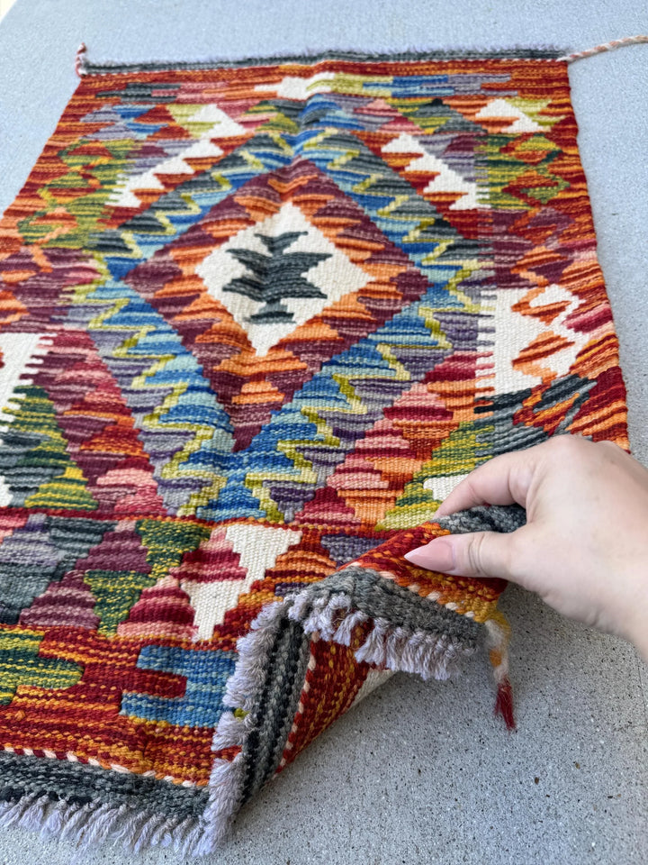 2x3 Handmade Afghan Kilim Rug | Burnt Rust Orange Brick Maroon Red Purple Denim Blue White Cream Grey Black Olive Forest Green | Wool