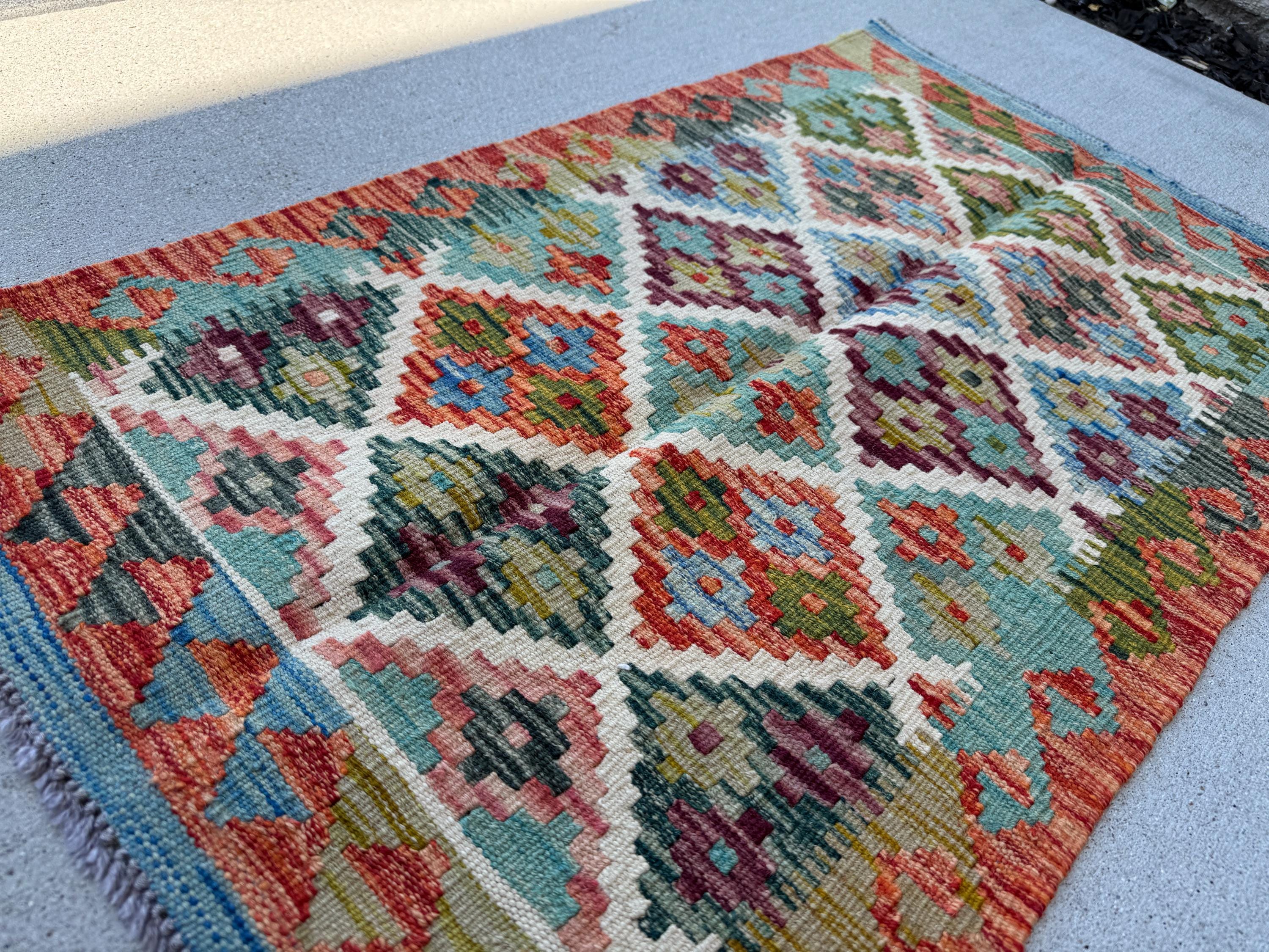 2x3 Handmade Afghan Kilim Rug | Cream White Aqua Teal Burnt Orange Olive Moss Forest Green Maroon Purple Red Denim Blue | Wool Flatwoven