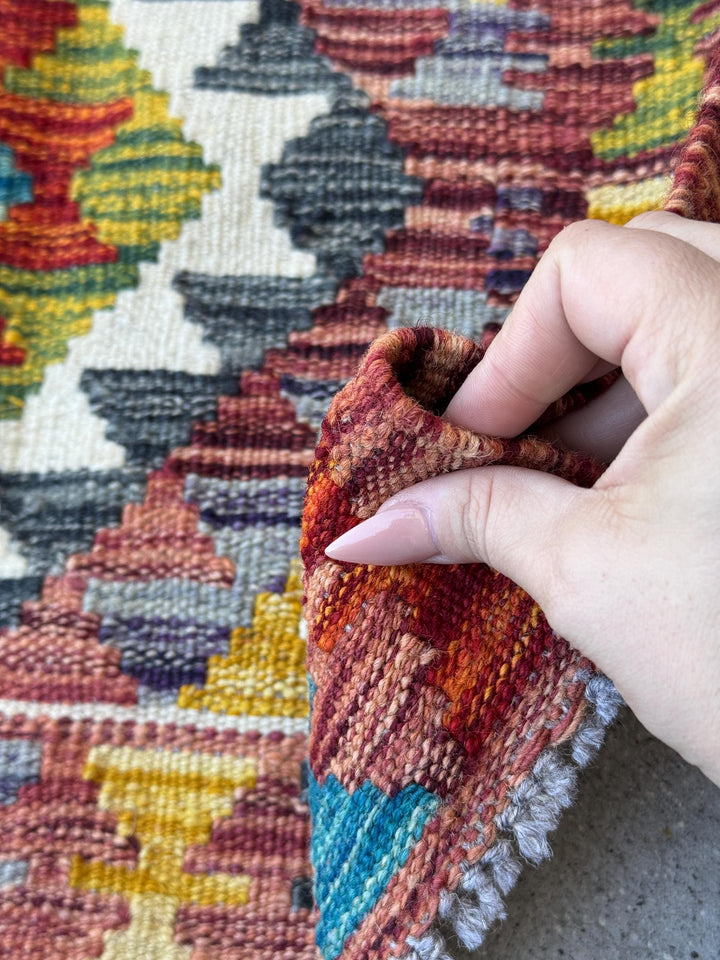 2x3 Handmade Afghan Kilim Rug | Cream White Olive Moss Green Charcoal Light Grey Mustard Yellow Gold Aqua Teal Blue | Wool Flatwoven
