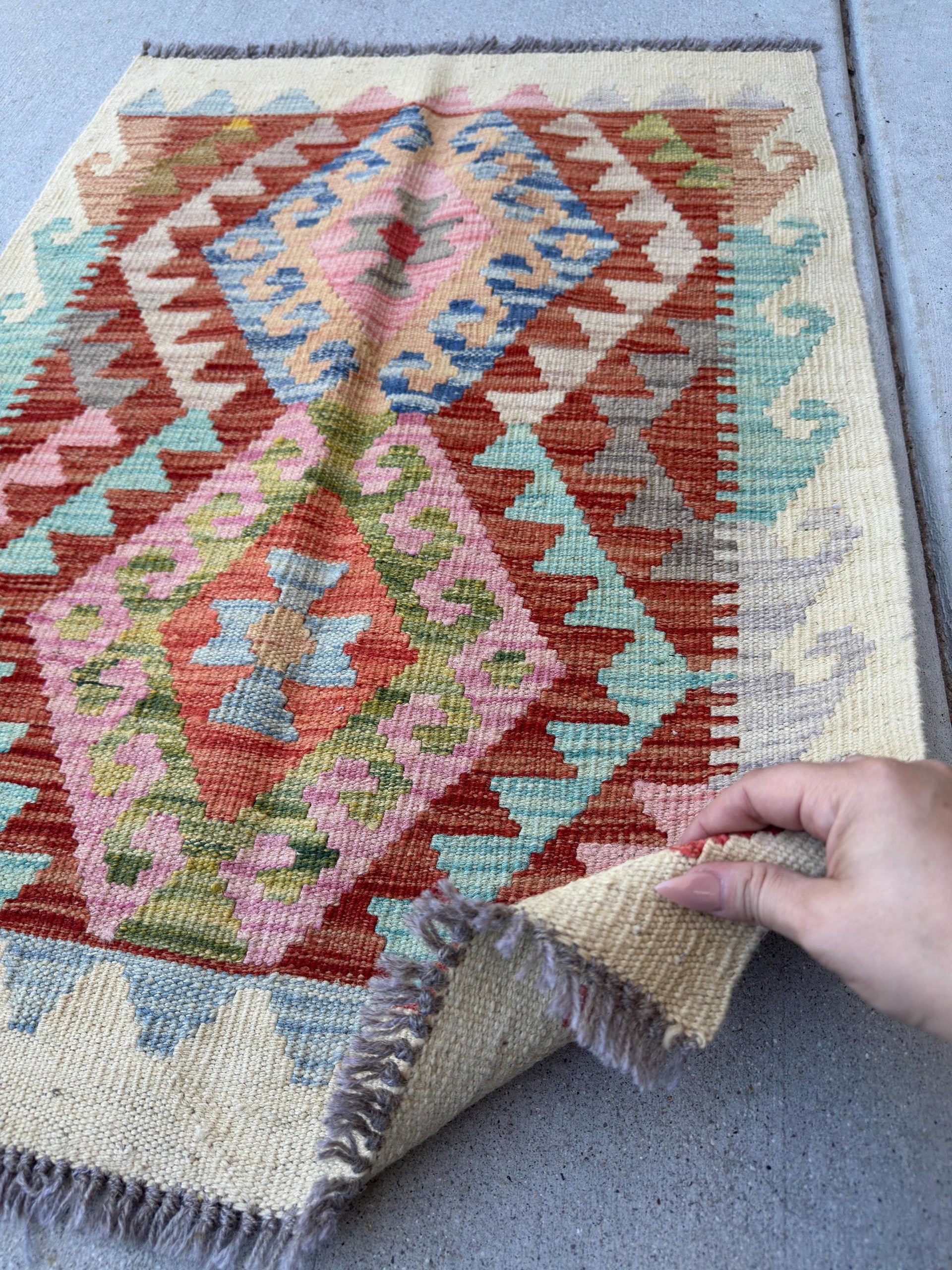 2x3 Handmade Afghan Kilim Rug | Rust Red Denim Blue Rose Pink Salmon Grey Aqua Teal Mustard Yellow Tan | Wool Flatwoven