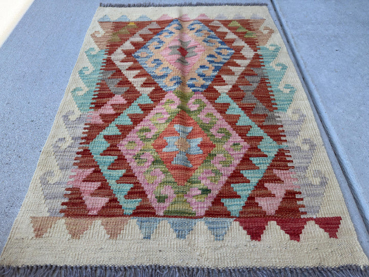 2x3 Handmade Afghan Kilim Rug | Rust Red Denim Blue Rose Pink Salmon Grey Aqua Teal Mustard Yellow Tan | Wool Flatwoven