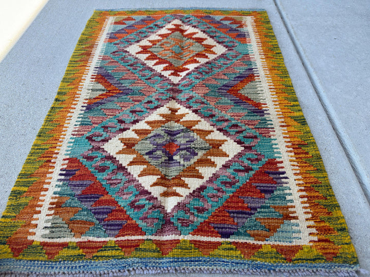 2x3 Handmade Afghan Kilim Rug | Teal Aqua Burnt Orange Cream White Beige Maroon Purpleeee Olive Moss Green Rust Red Blue | Wool Flatwoven