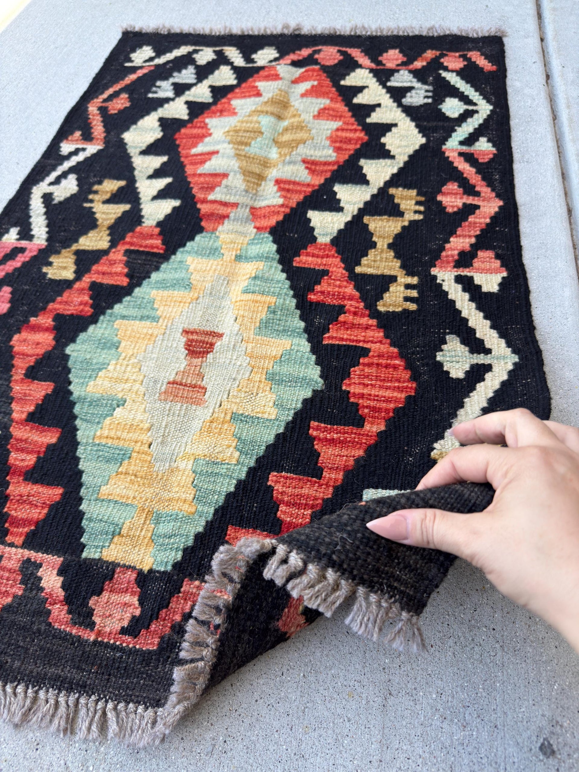 2x3 Handmade Afghan Kilim Rug | Black Aqua Teal Burnt Oragne Sky Blue Mustard Gold Brown Tan Mocha | Wool Flatwoven