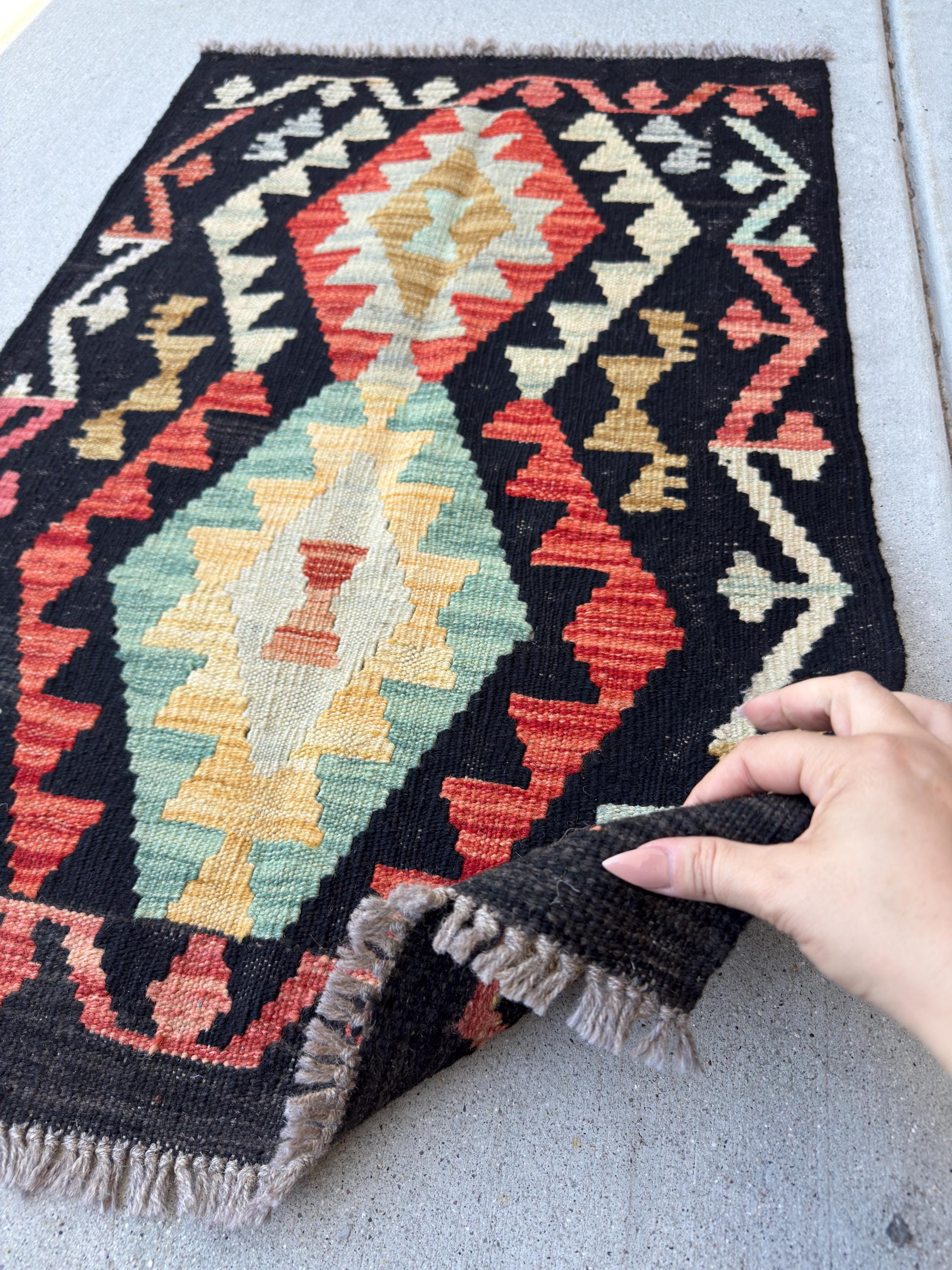 2x3 Handmade Afghan Kilim Rug | Black Aqua Teal Burnt Oragne Sky Blue Mustard Gold Brown Tan Mocha | Wool Flatwoven