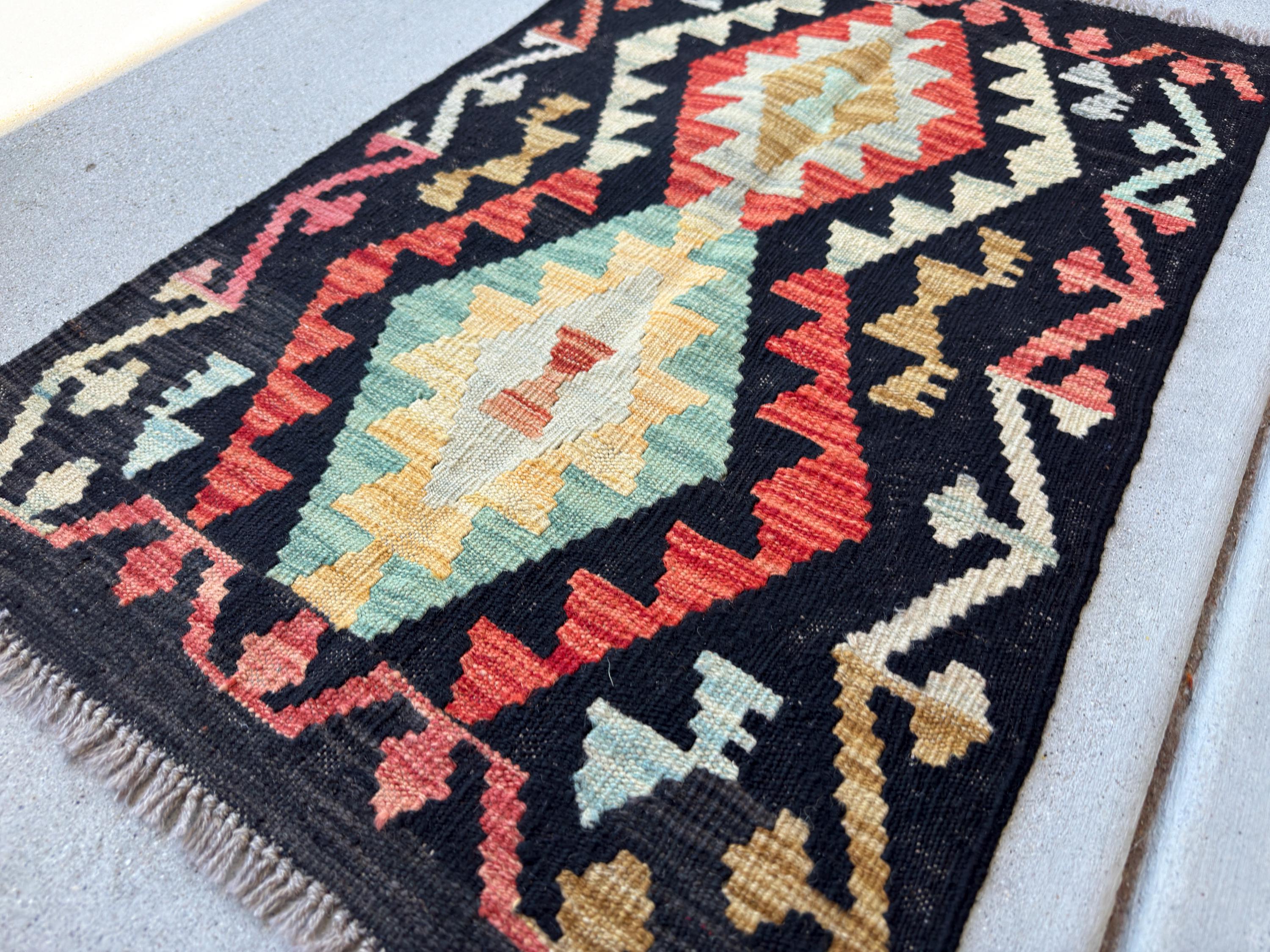 2x3 Handmade Afghan Kilim Rug | Black Aqua Teal Burnt Oragne Sky Blue Mustard Gold Brown Tan Mocha | Wool Flatwoven