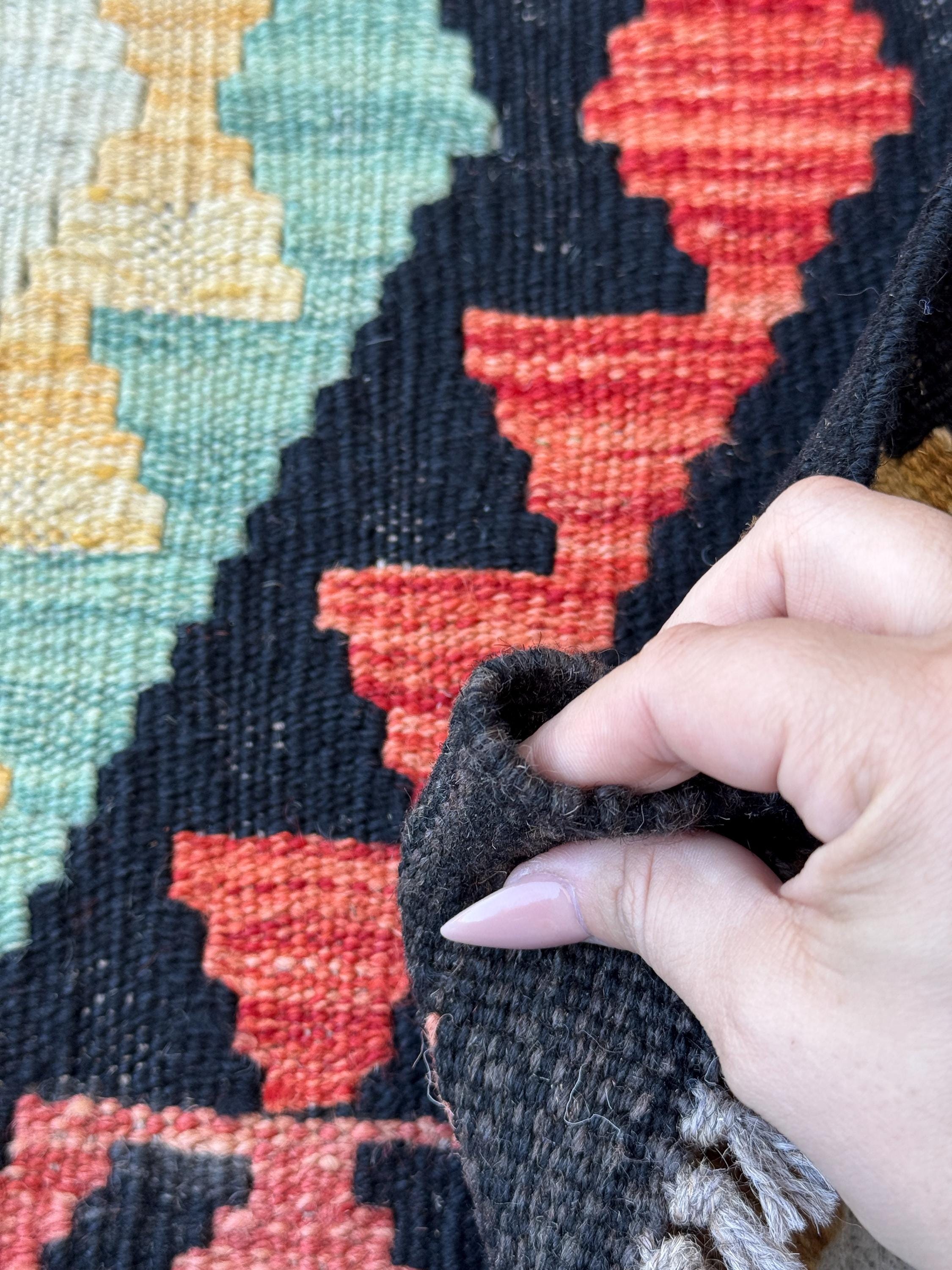 2x3 Handmade Afghan Kilim Rug | Black Aqua Teal Burnt Oragne Sky Blue Mustard Gold Brown Tan Mocha | Wool Flatwoven