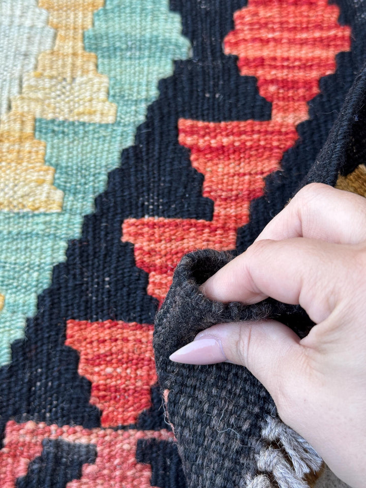 2x3 Handmade Afghan Kilim Rug | Black Aqua Teal Burnt Oragne Sky Blue Mustard Gold Brown Tan Mocha | Wool Flatwoven