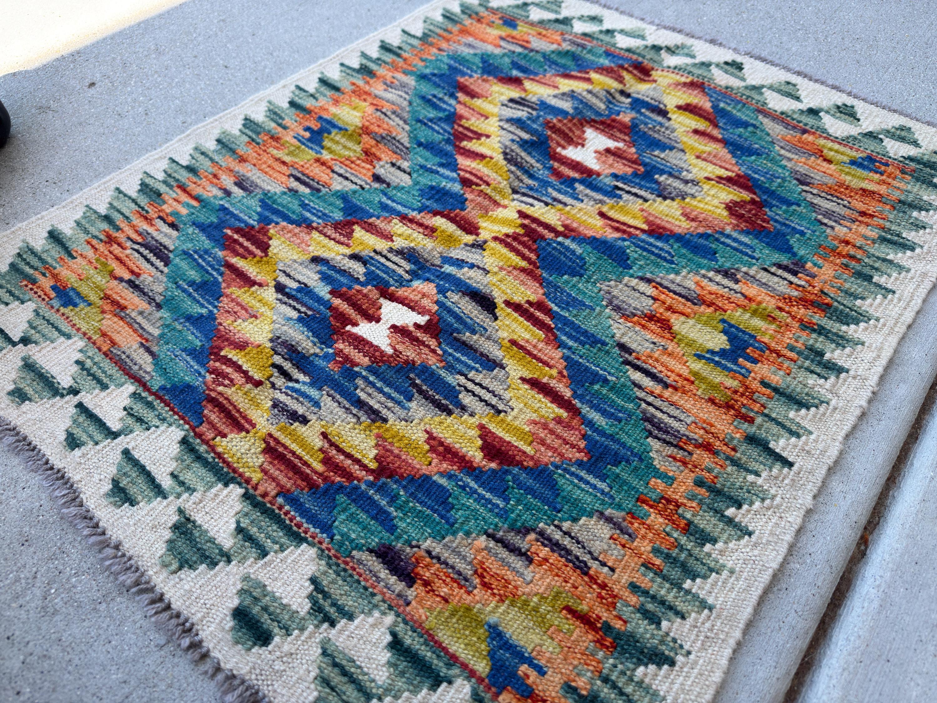 2x3 Handmade Afghan Kilim Rug | Cream White Royal Blue Aqua Teal Mustard Yellow Rust Red Burnt Orange Forest Green Grey | Wool Flatwoven