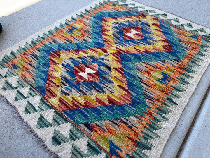 2x3 Handmade Afghan Kilim Rug | Cream White Royal Blue Aqua Teal Mustard Yellow Rust Red Burnt Orange Forest Green Grey | Wool Flatwoven