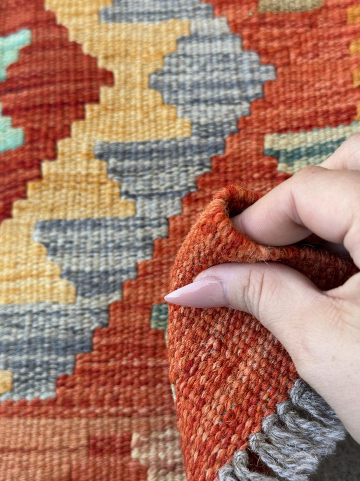2x3 Handmade Afghan Kilim Rug | Burnt Orange Light Grey Rust Red Olive Moss Green Aqua Teal Tan Mocha Mustard Yellow Gold | Wool Flatwoven