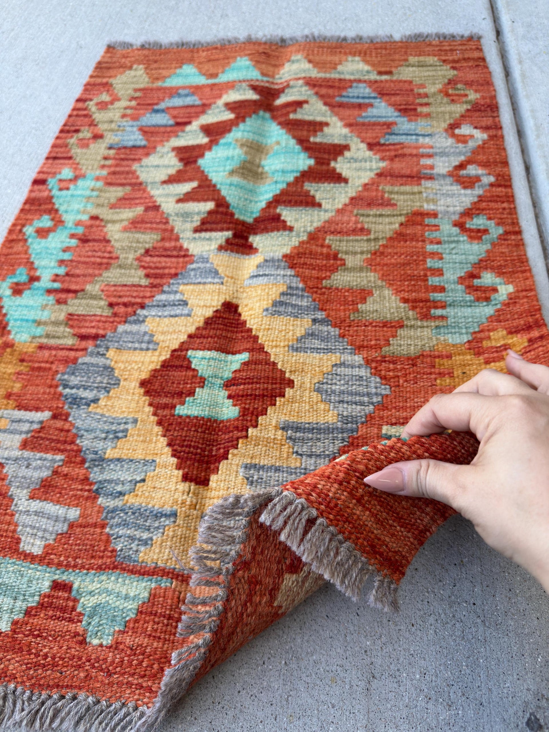2x3 Handmade Afghan Kilim Rug | Burnt Orange Light Grey Rust Red Olive Moss Green Aqua Teal Tan Mocha Mustard Yellow Gold | Wool Flatwoven