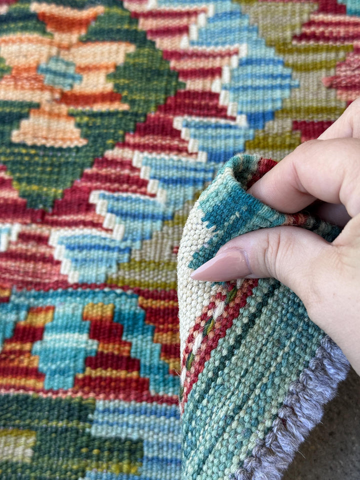 2x3 Handmade Afghan Kilim Rug | Rust Red Aqua Teal Denim Sky Blue Moss Olive Green Orange Mustard Yellow Forest Pine Purple Charcoal White