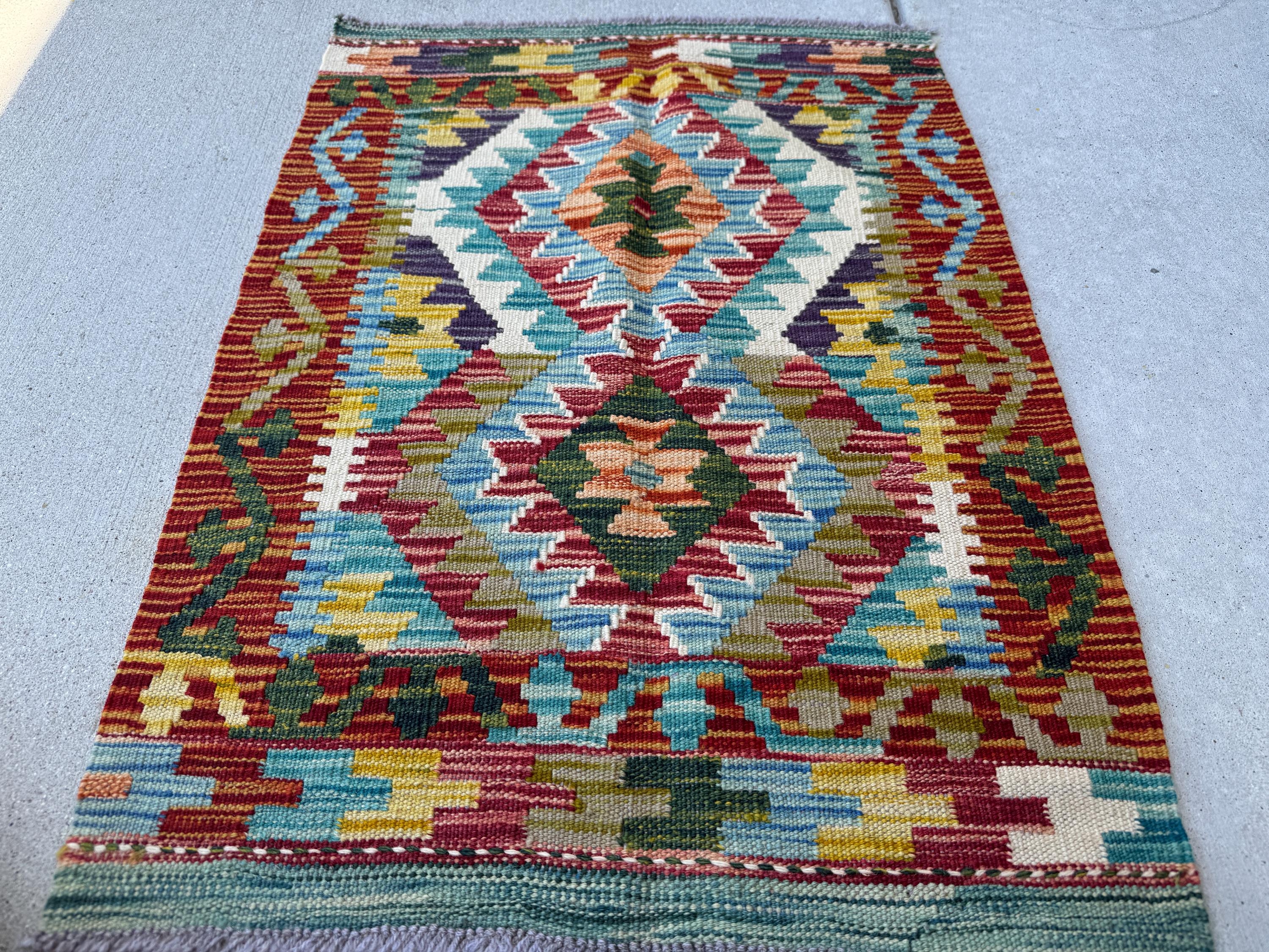 2x3 Handmade Afghan Kilim Rug | Rust Red Aqua Teal Denim Sky Blue Moss Olive Green Orange Mustard Yellow Forest Pine Purple Charcoal White