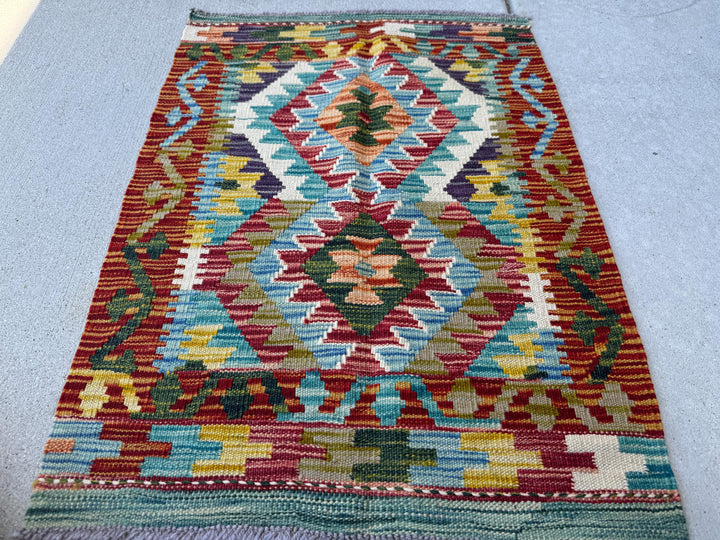 2x3 Handmade Afghan Kilim Rug | Rust Red Aqua Teal Denim Sky Blue Moss Olive Green Orange Mustard Yellow Forest Pine Purple Charcoal White