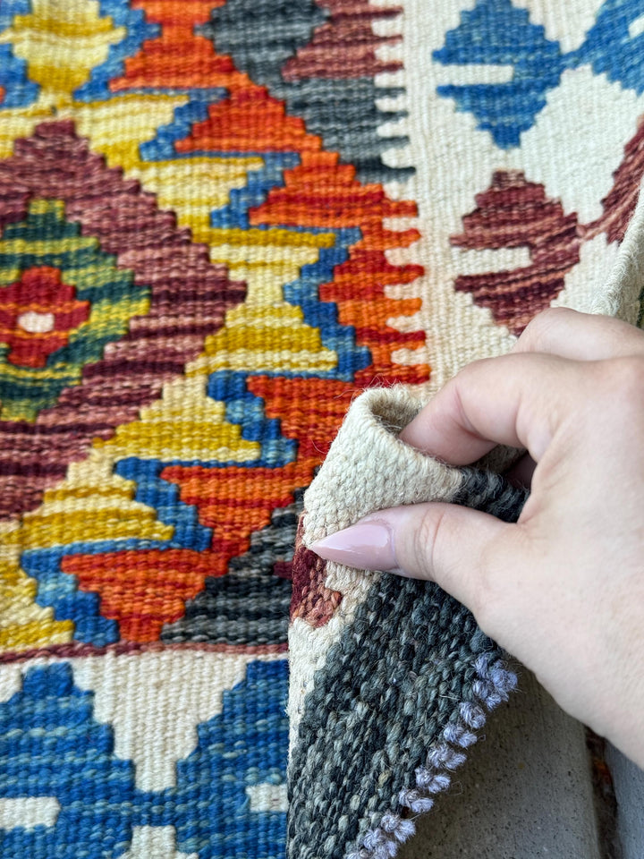 2x3 Handmade Afghan Kilim Rug | Cream White Charcoal Grey Mustard Yellow Gold Denim Blue Moss Olive Green Burnt Orange Rust Red | Flatwoven