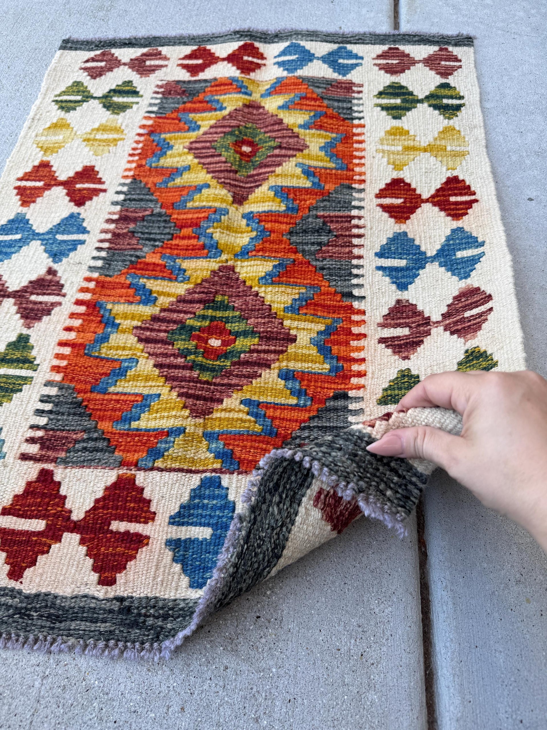 2x3 Handmade Afghan Kilim Rug | Cream White Charcoal Grey Mustard Yellow Gold Denim Blue Moss Olive Green Burnt Orange Rust Red | Flatwoven