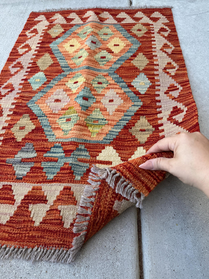 2x3 Handmade Afghan Kilim Rug | Burnt Orange Salmon Tan Charcoal Light Grey Chocolate Brown Cream Beige Teal Olive Green | Wool Flatwoven
